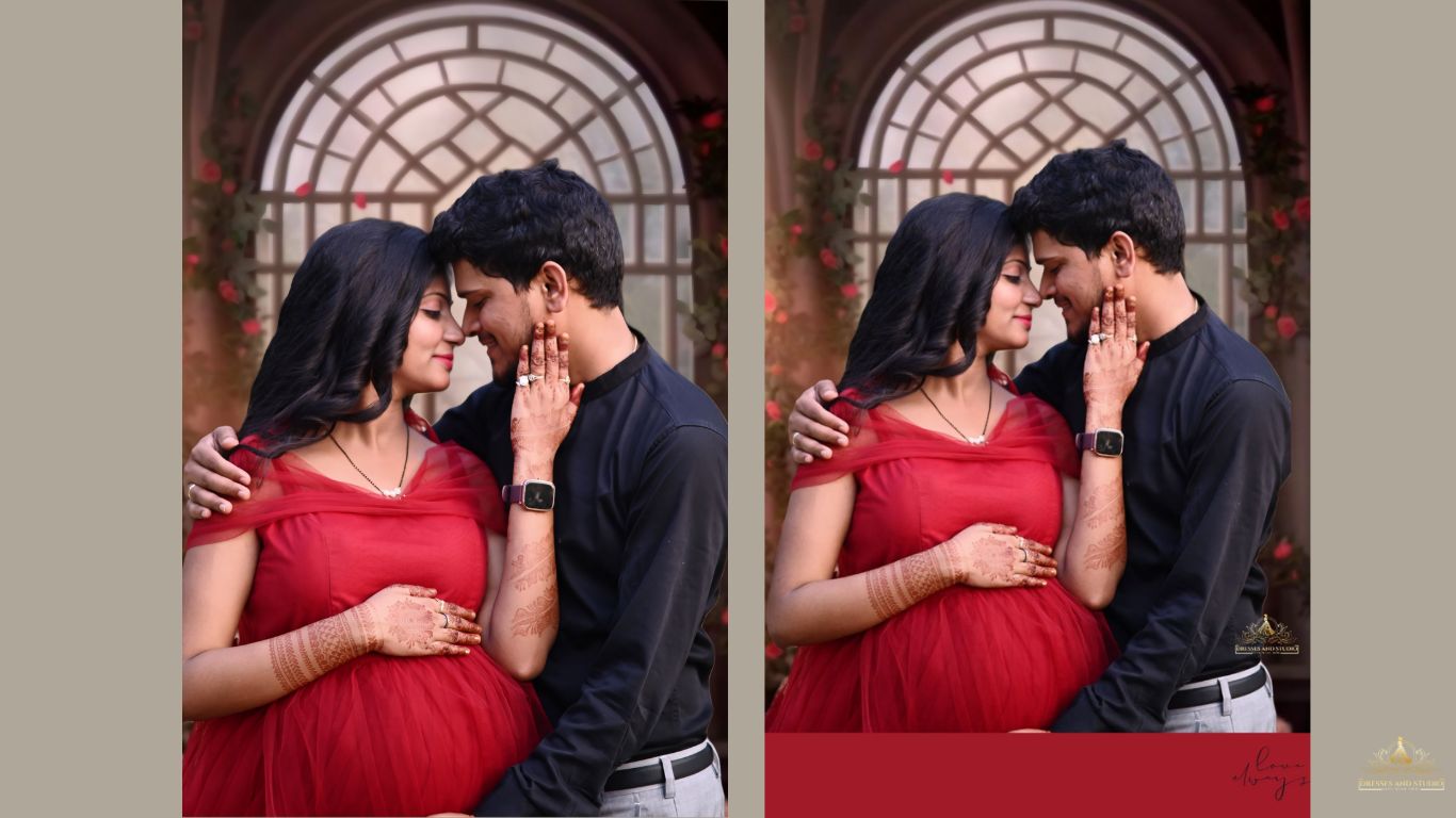 maternity shoot in red gown in gorakhpur